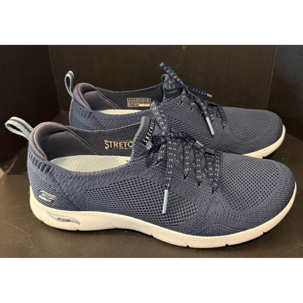 Skechers Womens 7 Arch Fit Stretch Sneakers Navy Blue 104542 Walking Shoes